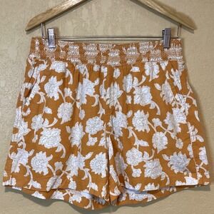 Briggs‎ Linen Blend Elastic Waist Shorts, Women's LG, Brown/Orange, Ivory Floral
